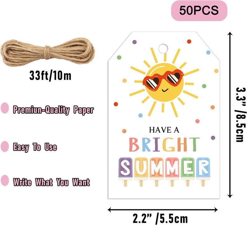 llyinglpdec 50PCS Summer Paper Tags with String, 2.2"x3.3" Have a Bright Summer Tags, Sun and Popsicle Design for Teacher Gifts, End of School Party Favors, Summer Treat Bags - Image 2